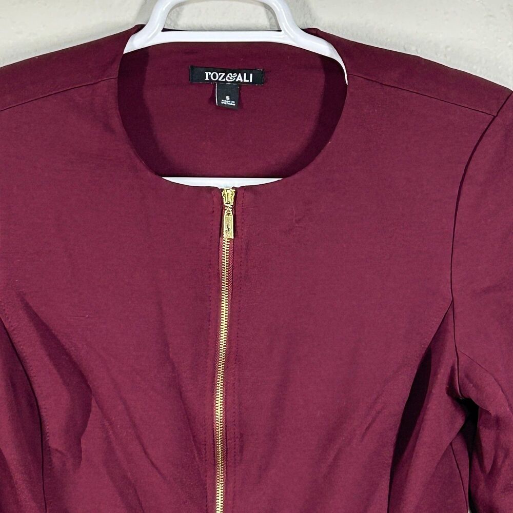 Roz&Ali Jacket Womens S Burgundy Ruffle Bell Sleeve Zip Front Peplum Zip Pockets - Picture 1 of 8
